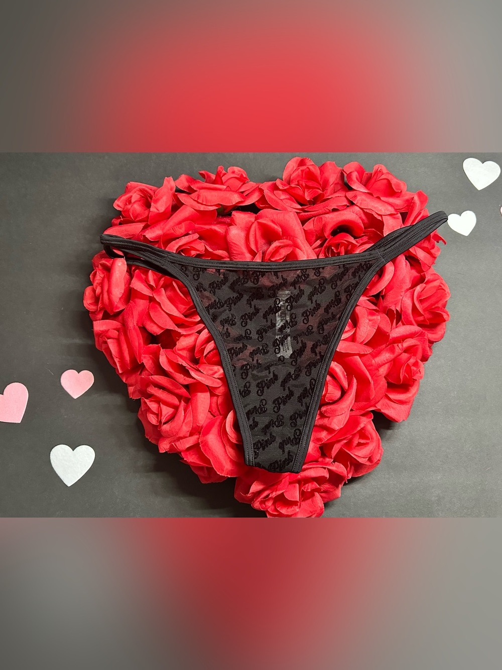 PINK Victoria's Secret Black Sheer Logo-Print Thong
